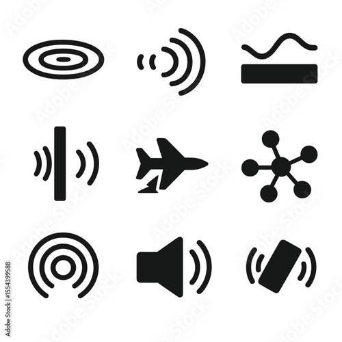 Sound Transmission Icons. Solid, filled icons set of sound transmission through mediums: water ripple, air