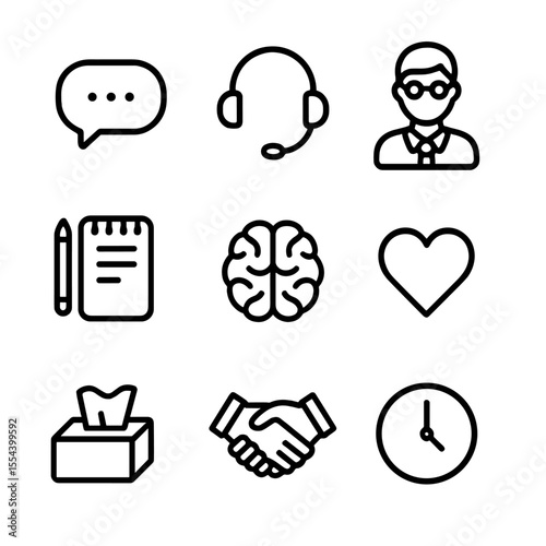 Counseling Icons Grid. Outline icon set of counseling services: speech bubble, headset, psychologist, notepad, brain icon, heart