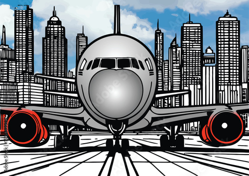 037-Passenger airplane standing on airport runway near big city skyline with skyscrapers, clouds and blue sky
