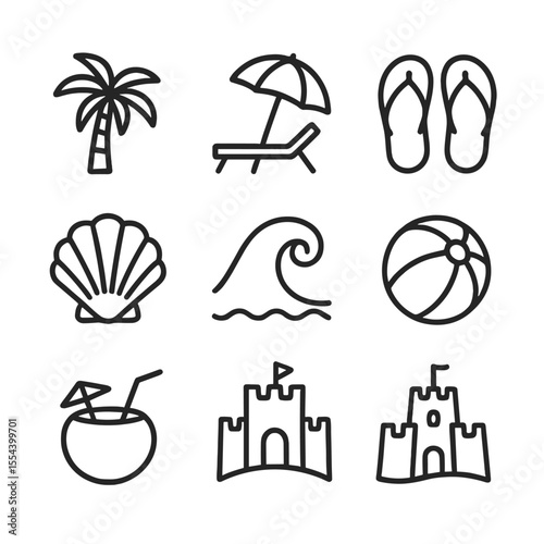 Beach Retreat Icons. Outline icon set of beach retreat: palm tree silhouette, sun umbrella, lounge chair, flip-flops, seashell,