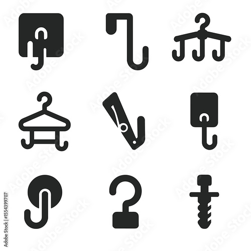 Space-Saving Hook Icons. Solid, filled icons set of space-saving hooks: adhesive hook, over-the-door hook,