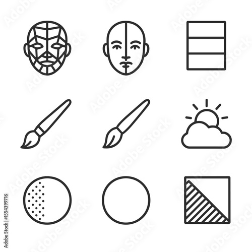 Digital Portrait Icon Set. Outline icon set of digital portrait creation: face mesh, symmetry line, skin tone swatch, eye detail