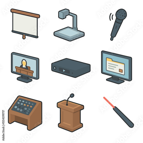 Courtroom Tech Icon Set. Isometric Flat icon set of courtroom technology setup: projector screen, document camera, wireless