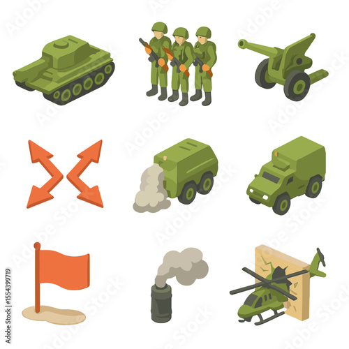 Battle Strategy Icons. Isometric Flat icon set of offensive maneuver strategies: battle tanks, infantry squad, artillery cannon,