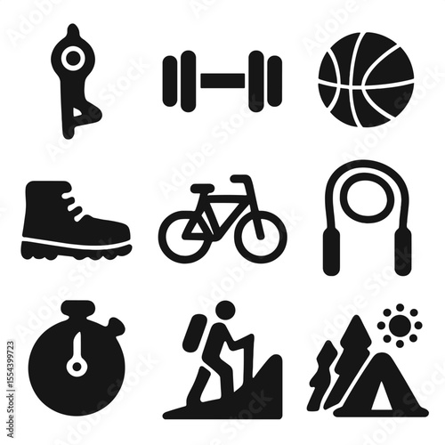Sport Icons Grid. Solid, filled icons set of sports and physical activities: yoga pose, dumbbell, sports ball,