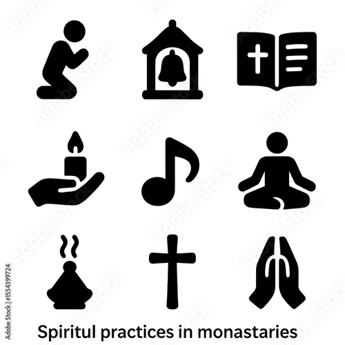 Spiritual Practices Icons. Solid, filled icons set of spiritual practices in monasteries: kneeling figure,