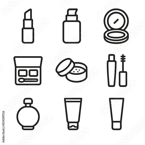 Beauty Icon Set. Outline icon set of Beauty Product Display: lipstick, foundation bottle, compact powder, eyeshadow palette, blush
