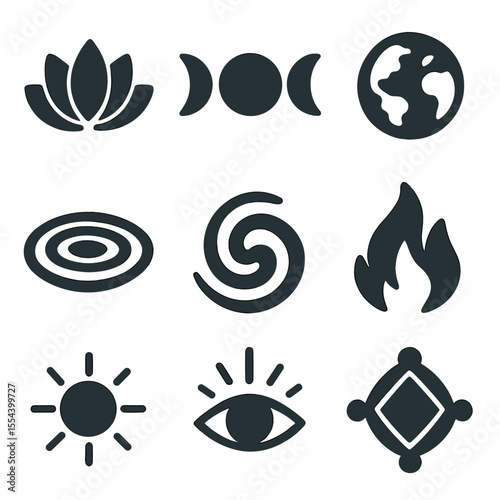 Spiritual Healing Icons. Solid, filled icons set of spiritual healing symbols: lotus icon, moon phase, earth