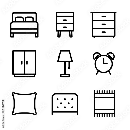 Bedroom Icon Set. Outline icon set of bedroom furniture and decor: bed frame, nightstand, dresser, wardrobe, bedside lamp, bedside