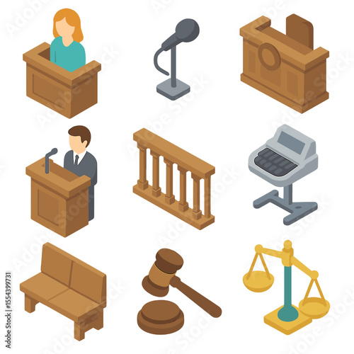 Courtroom Icons Grid. Isometric Flat icon set of Witness Stand Interaction: witness stand, microphone, judge bench, lawyer podium,