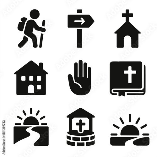 Spiritual Retreat Icons. Solid, filled icons set of pilgrimage and spiritual retreats: walking pilgrim,