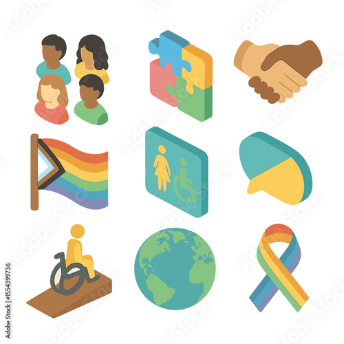 Diversity Inclusion Icons. Isometric Flat icon set of diversity and inclusion initiatives: multiple avatars, puzzle pieces,