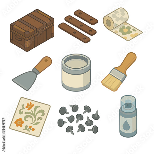 DIY Trunk Makeover Icons. Isometric Flat icon set of DIY vintage trunk makeover: vintage trunk, leather strap strips, fabric