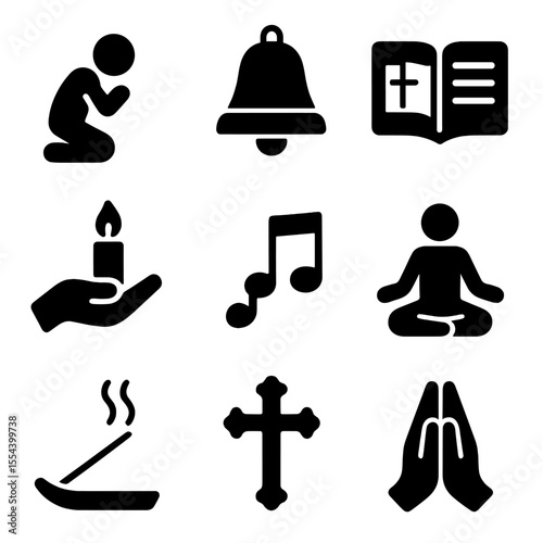 Spiritual Practices Icons. Solid, filled icons set of spiritual practices in monasteries: kneeling figure,