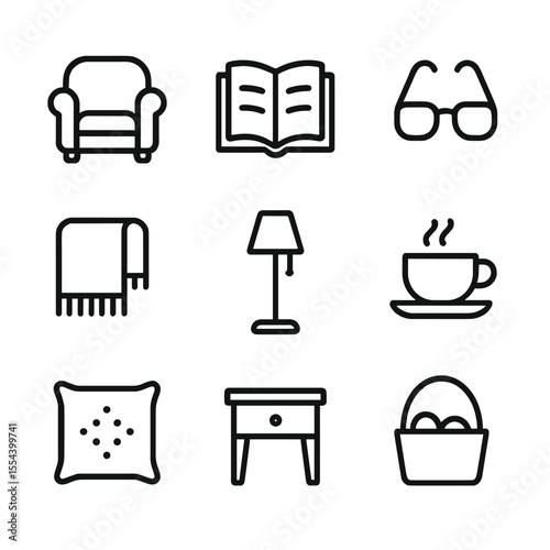 Cozy Reading Icons. Outline icon set of Cozy Reading Spot by Fireplace: armchair, book, reading glasses, blanket drape, floor lamp