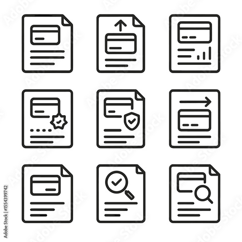 Credit Card Icon Set. Outline icon set of credit card management documents: credit card application, credit limit increase form,