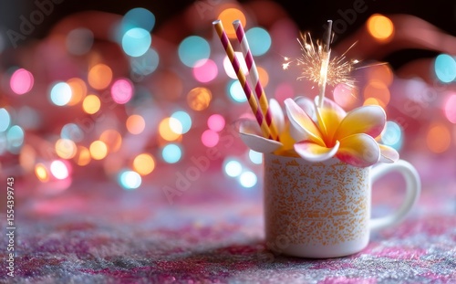 The warm festive ambiance is created by golden cups containing sparklers and candles, accompanied by scattered orange flowers and petals