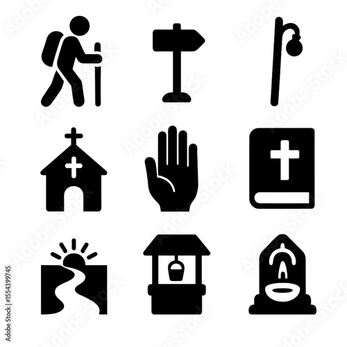 Spiritual Retreat Icons. Solid, filled icons set of pilgrimage and spiritual retreats: walking pilgrim,