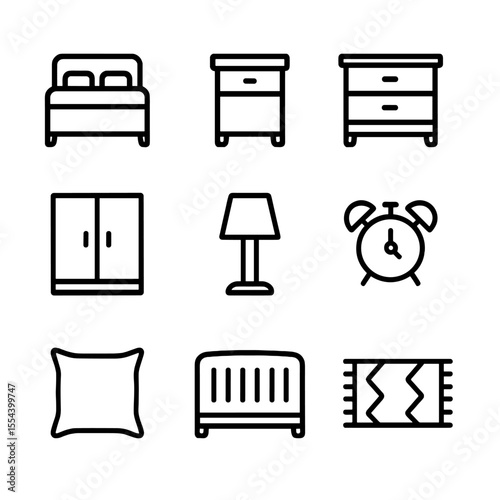 Bedroom Icon Set. Outline icon set of bedroom furniture and decor: bed frame, nightstand, dresser, wardrobe, bedside lamp, bedside