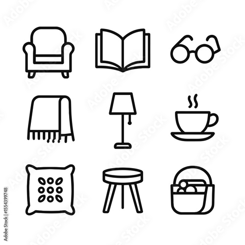 Cozy Reading Icons. Outline icon set of Cozy Reading Spot by Fireplace: armchair, book, reading glasses, blanket drape, floor lamp