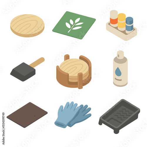 DIY Coaster Paint Kit. Isometric Flat icon set of DIY wooden coaster painting: round wooden coaster, leaf stencil, acrylic paint