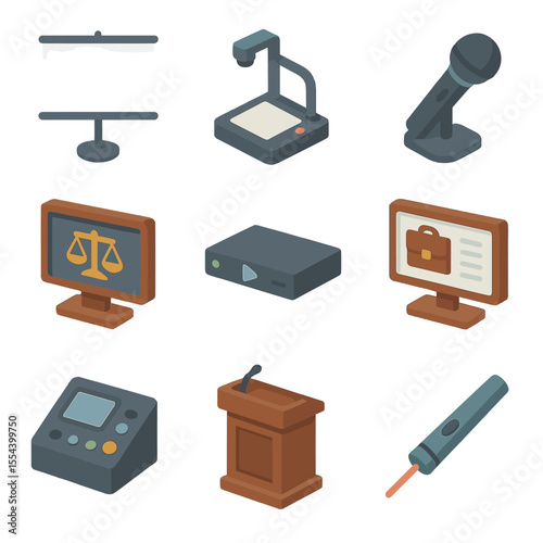 Courtroom Tech Icon Set. Isometric Flat icon set of courtroom technology setup: projector screen, document camera, wireless