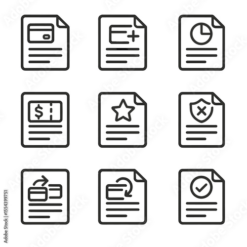 Credit Card Icon Set. Outline icon set of credit card management documents: credit card application, credit limit increase form,