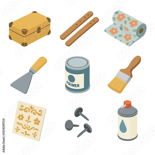 DIY Trunk Makeover Icons. Isometric Flat icon set of DIY vintage trunk makeover: vintage trunk, leather strap strips, fabric