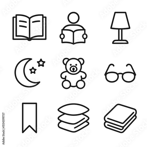 Bedtime Story Icons. Outline icon set of bedtime stories and reading: open book, storyteller figure, bedside lamp, moon and stars,