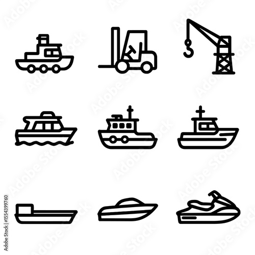 Dock Vehicles Icons. Outline icon set of dock vehicles: tugboat, forklift, crane, water taxi, harbor tug, pilot boat, barge,