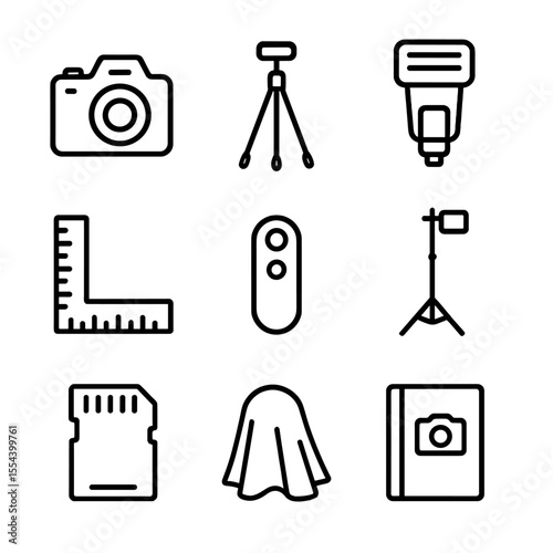 Crime Scene Photography Icons. Outline icon set of Crime Scene Photography: DSLR camera, tripod, flash unit, photo ruler, camera