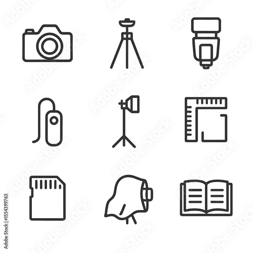 Crime Scene Photography Icons. Outline icon set of Crime Scene Photography: DSLR camera, tripod, flash unit, photo ruler, camera