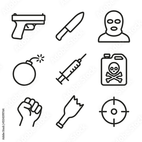 Icons of Criminal Threats. Outline icon set of Types of Criminal Threats: handgun silhouette, knife blade, masked figure, bomb