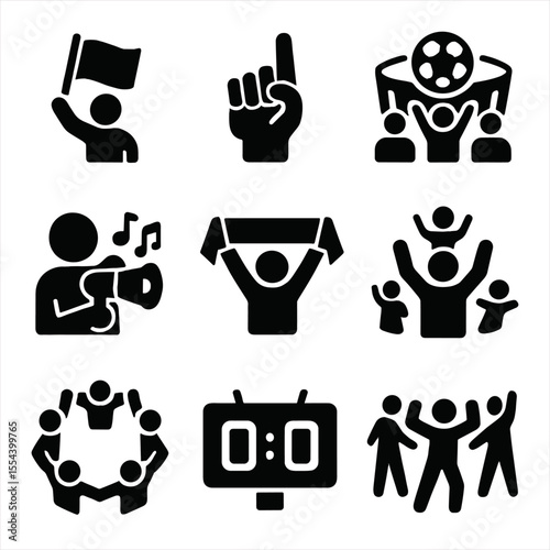 Sports Fans Icon Set. Solid, filled icons set of sports event fans: flag waving, foam finger, stadium crowd,