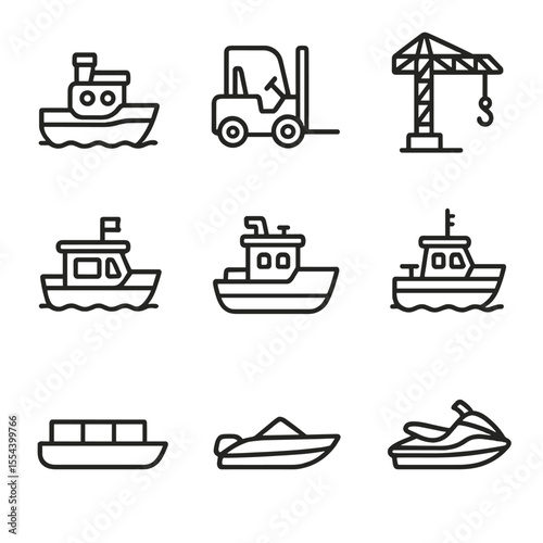 Dock Vehicles Icons. Outline icon set of dock vehicles: tugboat, forklift, crane, water taxi, harbor tug, pilot boat, barge,