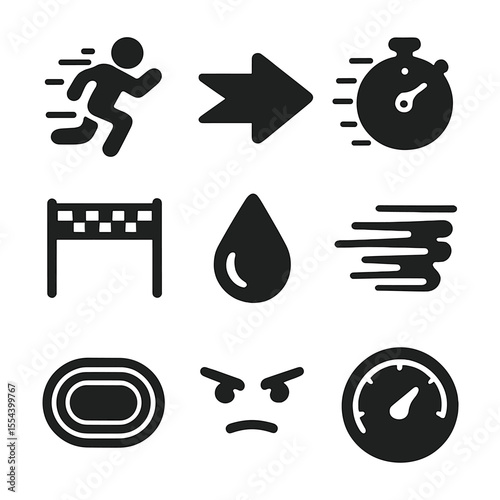 Sprint Energy Icons. Solid, filled icons set of powerful sprint energy: runner, dynamic arrow, stopwatch,