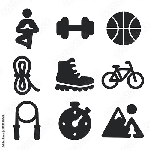 Sport Icons Grid. Solid, filled icons set of sports and physical activities: yoga pose, dumbbell, sports ball,