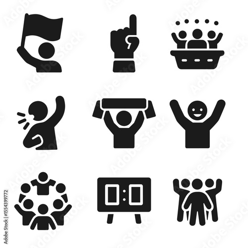 Sports Fans Icon Set. Solid, filled icons set of sports event fans: flag waving, foam finger, stadium crowd,
