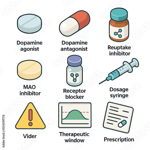 Dopamine Modulation Icons. Isometric Flat icon set of Pharmacological Modulation of Dopamine: dopamine agonist pill, dopamine