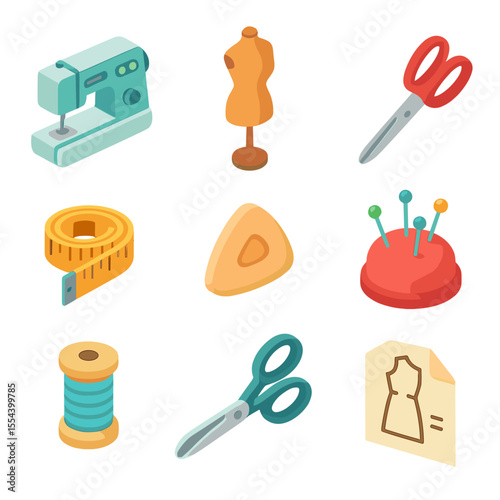 Dressmaking Tools Icons. Isometric Flat icon set of dressmaking tools: sewing machine, dress form mannequin, tailor’s scissors,