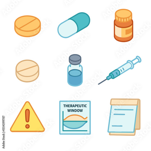 Dopamine Modulation Icons. Isometric Flat icon set of Pharmacological Modulation of Dopamine: dopamine agonist pill, dopamine
