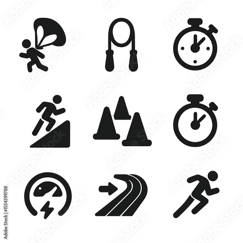 Sprint Training Icons. Solid, filled icons set of sprint and speed training tools: sprint parachute,