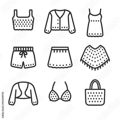 Crochet Wardrobe Icons. Outline icon set of crochet wardrobe essentials: crop top, cardigan, maxi dress, shorts, skirt, poncho,