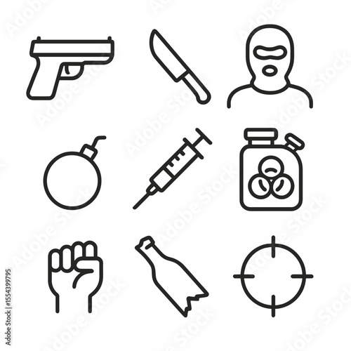 Icons of Criminal Threats. Outline icon set of Types of Criminal Threats: handgun silhouette, knife blade, masked figure, bomb