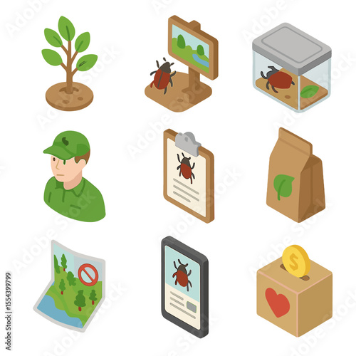 Beetle Conservation Icons. Isometric Flat icon set of beetle conservation efforts: reforestation tree, habitat restoration sign,