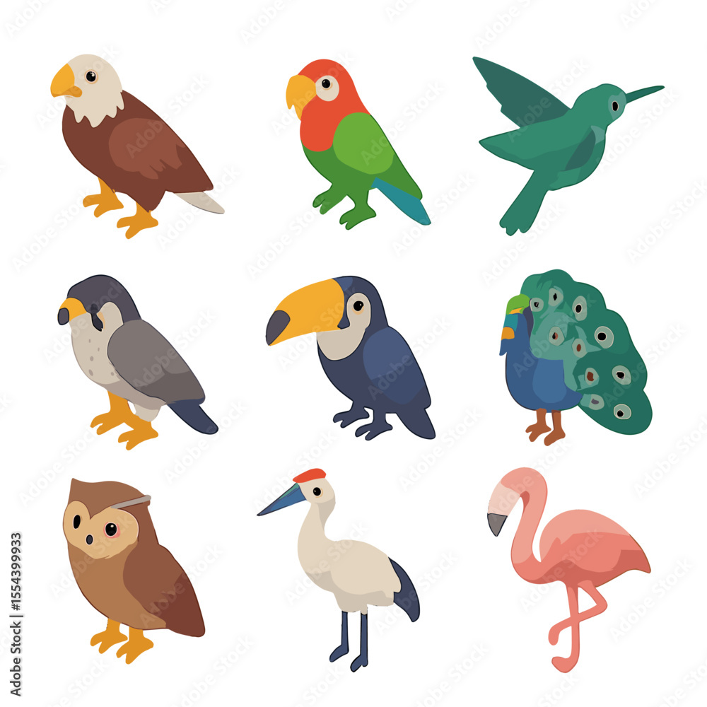 Fototapeta premium Isometric Bird Icon Set. Isometric Flat icon set of avian fauna: eagle, parrot, hummingbird, falcon, toucan, peacock, owl, crane,