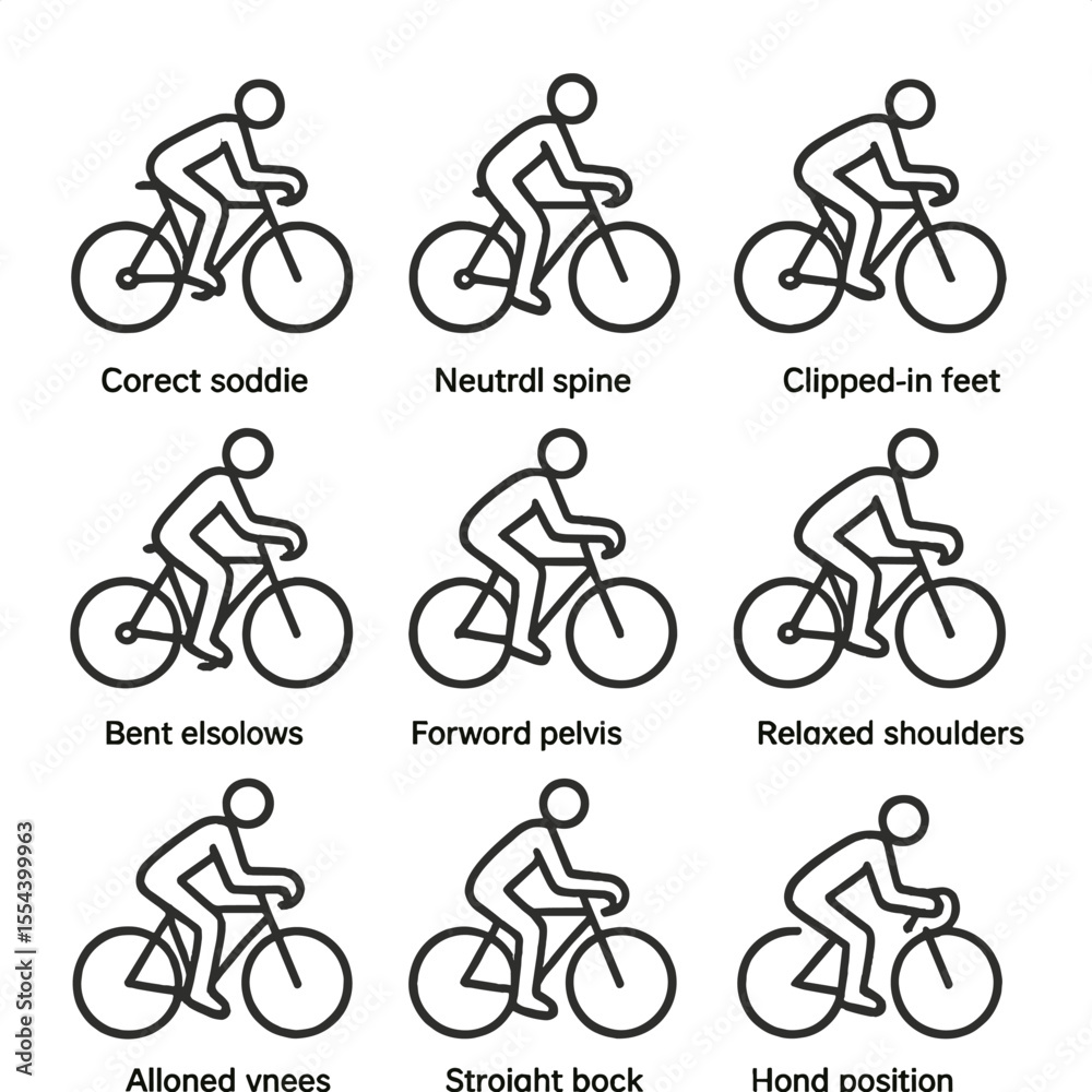 Obraz premium Cycling Posture Icons. Outline icon set of cycling posture and form: correct saddle height, neutral spine, bent elbows, clipped-in