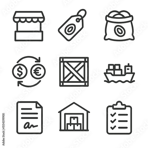 Earthnut Trade Icons. Outline icon set of Earthnut market and trade: market stall, price tag, sack of nuts, currency exchange,
