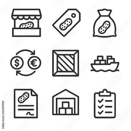 Earthnut Trade Icons. Outline icon set of Earthnut market and trade: market stall, price tag, sack of nuts, currency exchange,