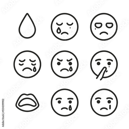 Crying Icons Set. Outline icon set of emotional crying expressions: tear drop, streaming tears, red swollen eyes, quivering lip,